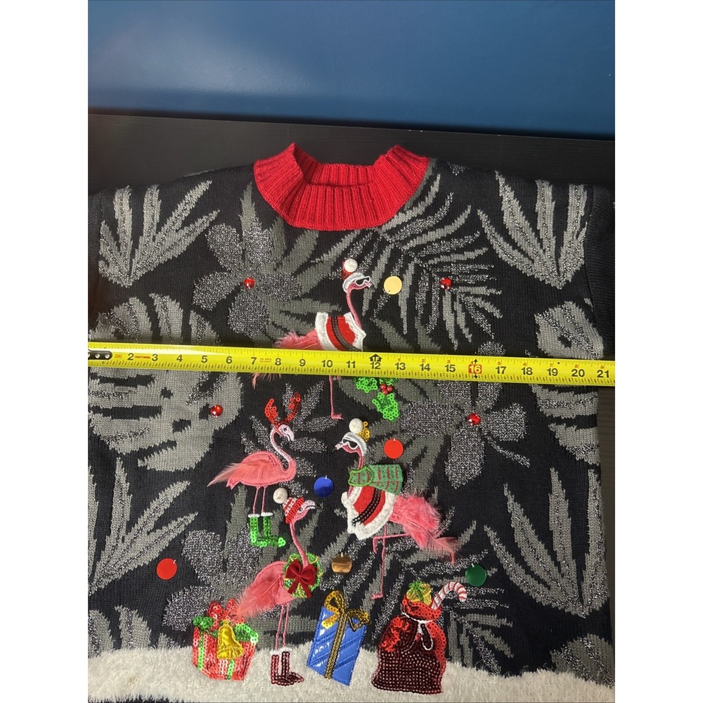 33 Degrees Womens Small Ugly Christmas Sweater Flamingos Sparkle Holiday Party - Picture 8 of 10